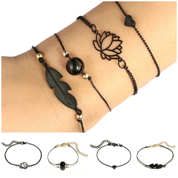 Jewelry - 4pc Black & Gold Charm Layering Bracelets Feather Lotus Flower Heart Bead